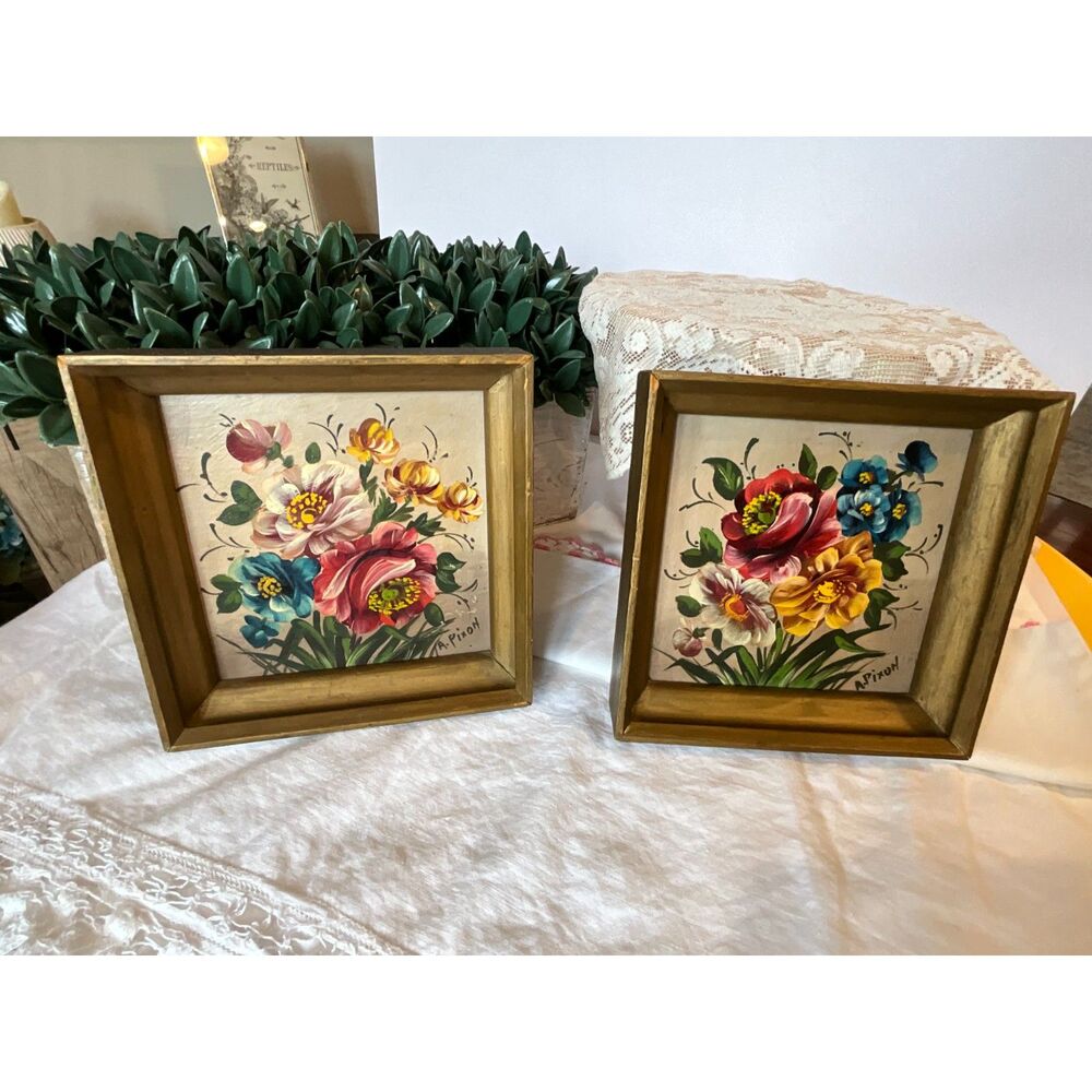 Pair of 1950's floral oil paintings oil on board Shabby cottage oil paintings